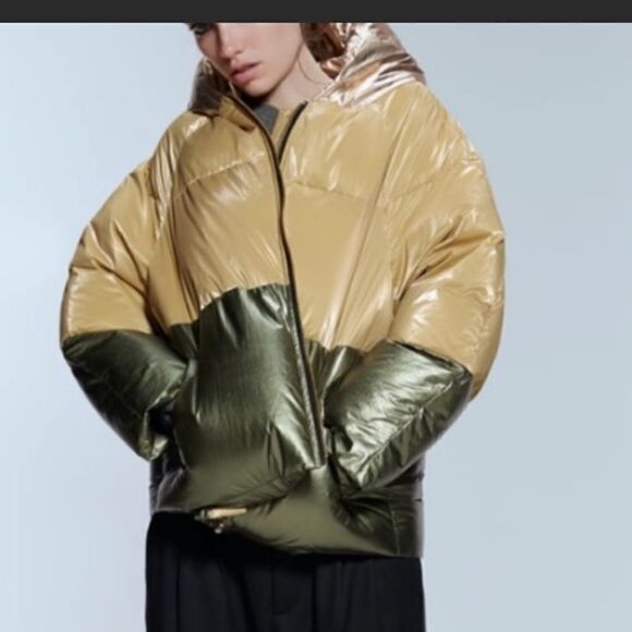 NWT Zara Golden Color-block Puffer Jacket Sz. XS - Picture 5 of 11